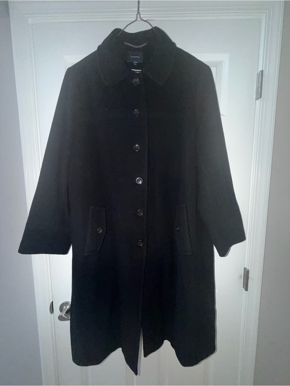 Lands' End Black Wool Button-Front Long Pea Coat